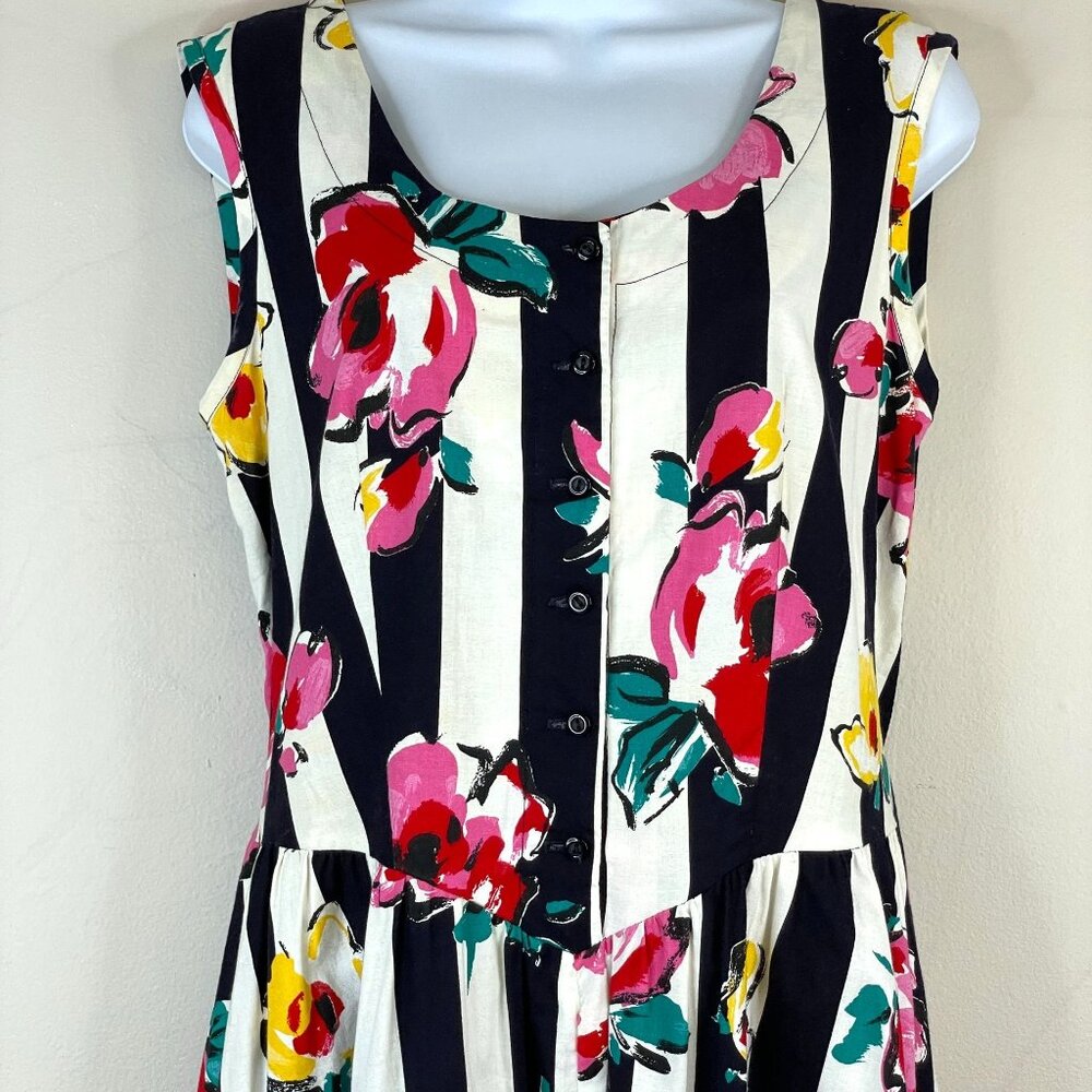 Vintage Garden Tea Party Midi Dress 10 Whimsical Alice Floral Stripe Bow Back - Picture 3 of 14
